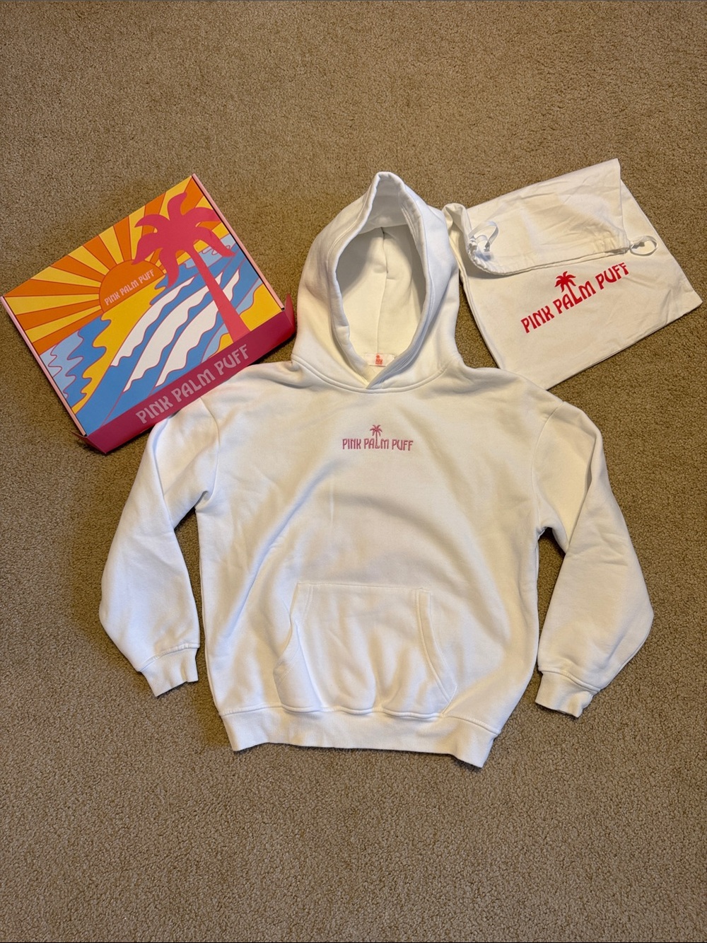 PINK Palm Puff Classic Puff Hoodie in pink opal with box and bag